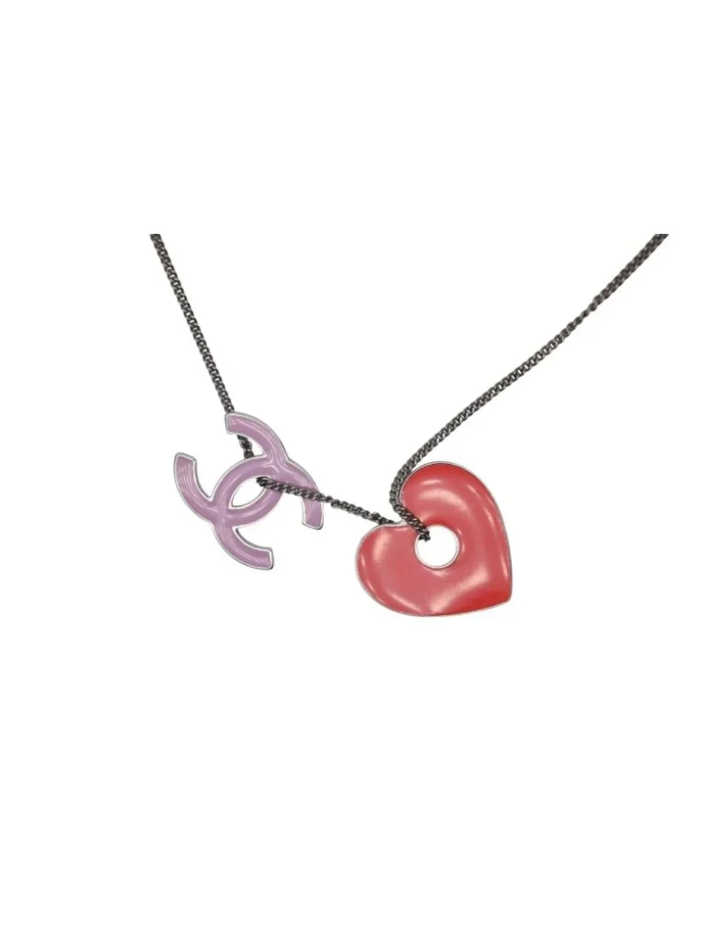 Chanel CC Logo Heart Necklace Metal Pink Red Silver